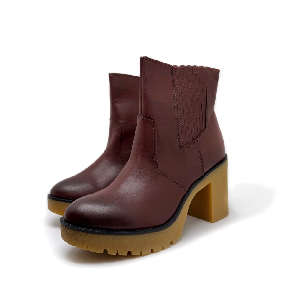 Sun + Stone Lenni Faux Leather Ankle Boots Block Heel Mahogany Size 9.5 - Picture 2 of 9